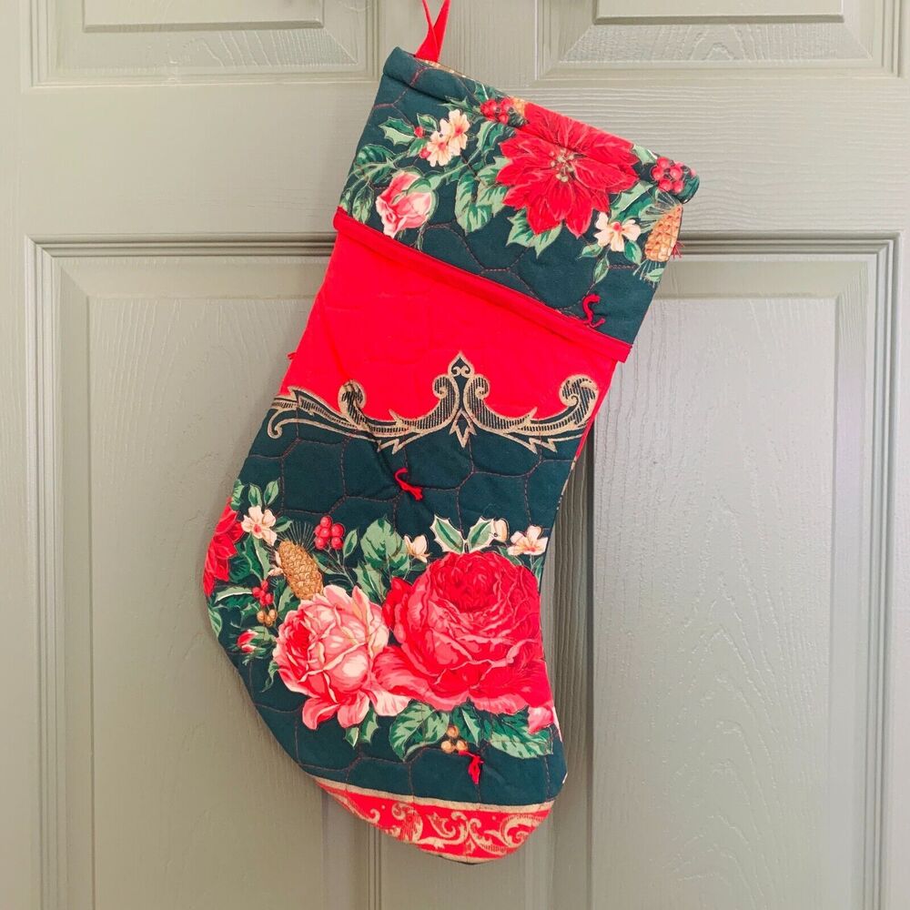 Handmade Christmas Stocking Repurposed Quilted Red Green Cream 17 Inch